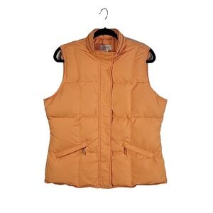 Talbots Down Puffer Vest Medium Orange Stowable Hood Quilted Zip Hiking Layering
